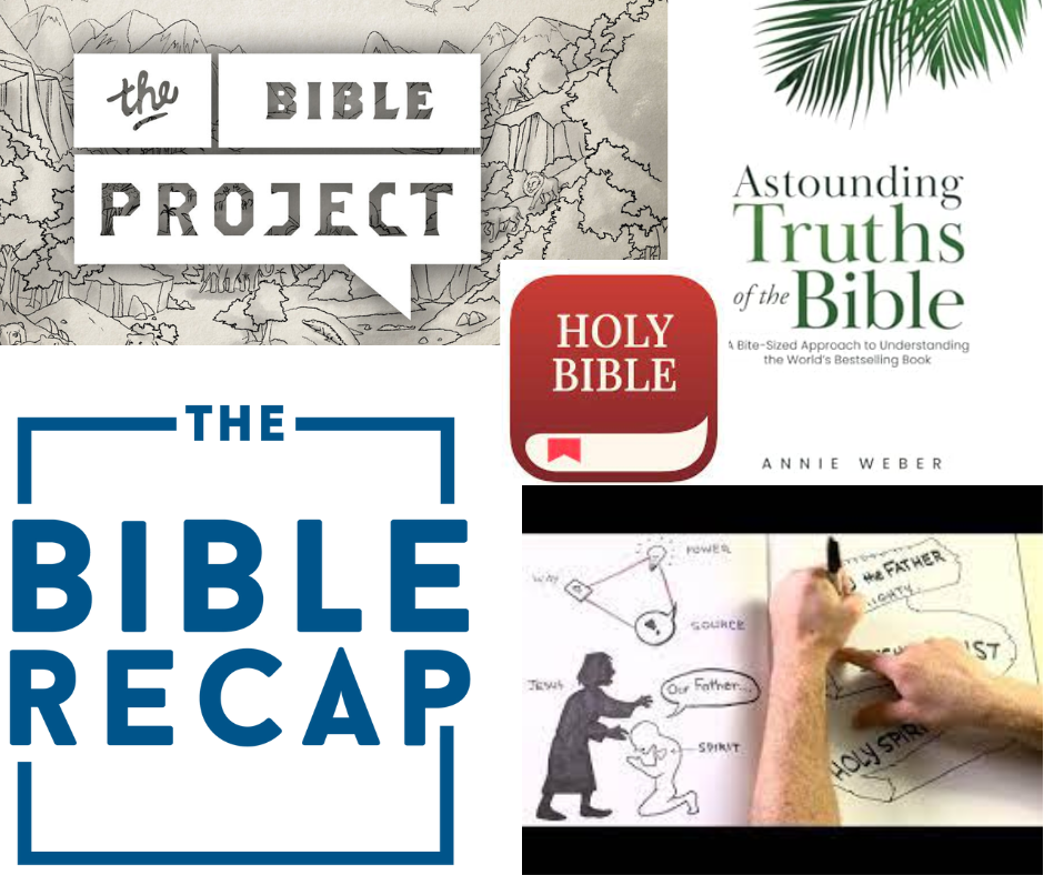 logos for Christian resources displayed: The Bible Project, Holy Bible, Astounding Truths of the Bible, The Bible Recap, and a picture of a pair of hands drawing out scenes from the bible. 