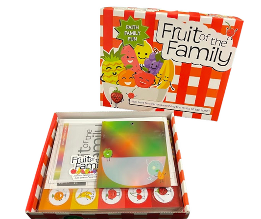 Red and white checkered box with bowl of a variety of smiling fruit on the front. Name of game is Fruit of the Family. The contents of the box are visible in the bottom portion of open box. 