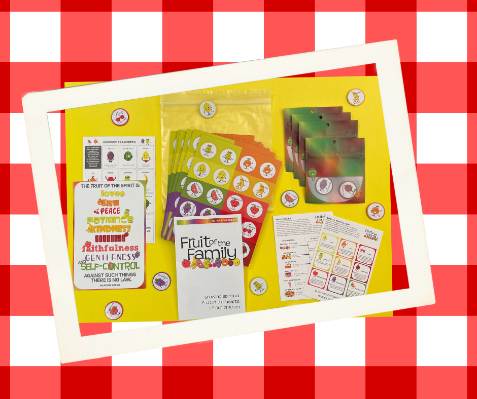 Yellow background with contents of game laid out. 4 cards with text-one with colorful fruit of the spirit bible verse, one with colorful fruit doing motions to memorize verse, one with 9 boxes each with a piece of fruit describing a fruit of the spirit and the final one is titled "fruity rewards." 9 colorful boards with 20 tokens to be popped out are displayed and 4 small zipper bags that look like fruit bowls are laid out. Fruit tokens are scattered on yellow background.